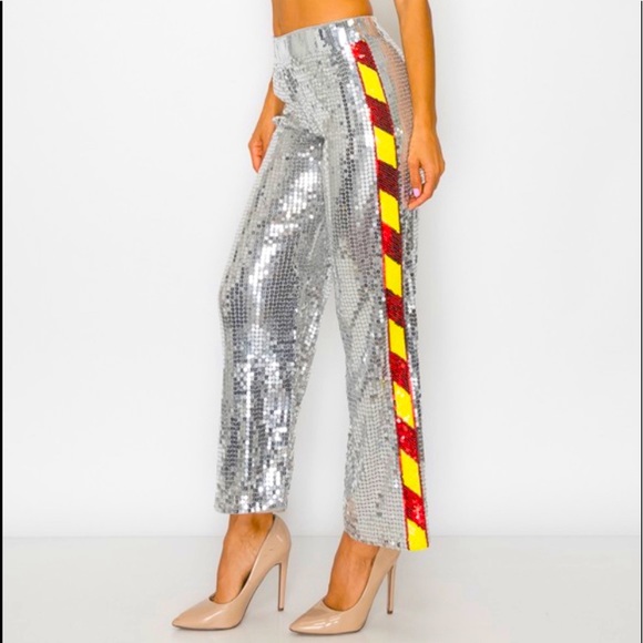 π₯2x HPπ₯Silver Sequin Hazard Stripe Palazzo Pants - Picture 3 of 9